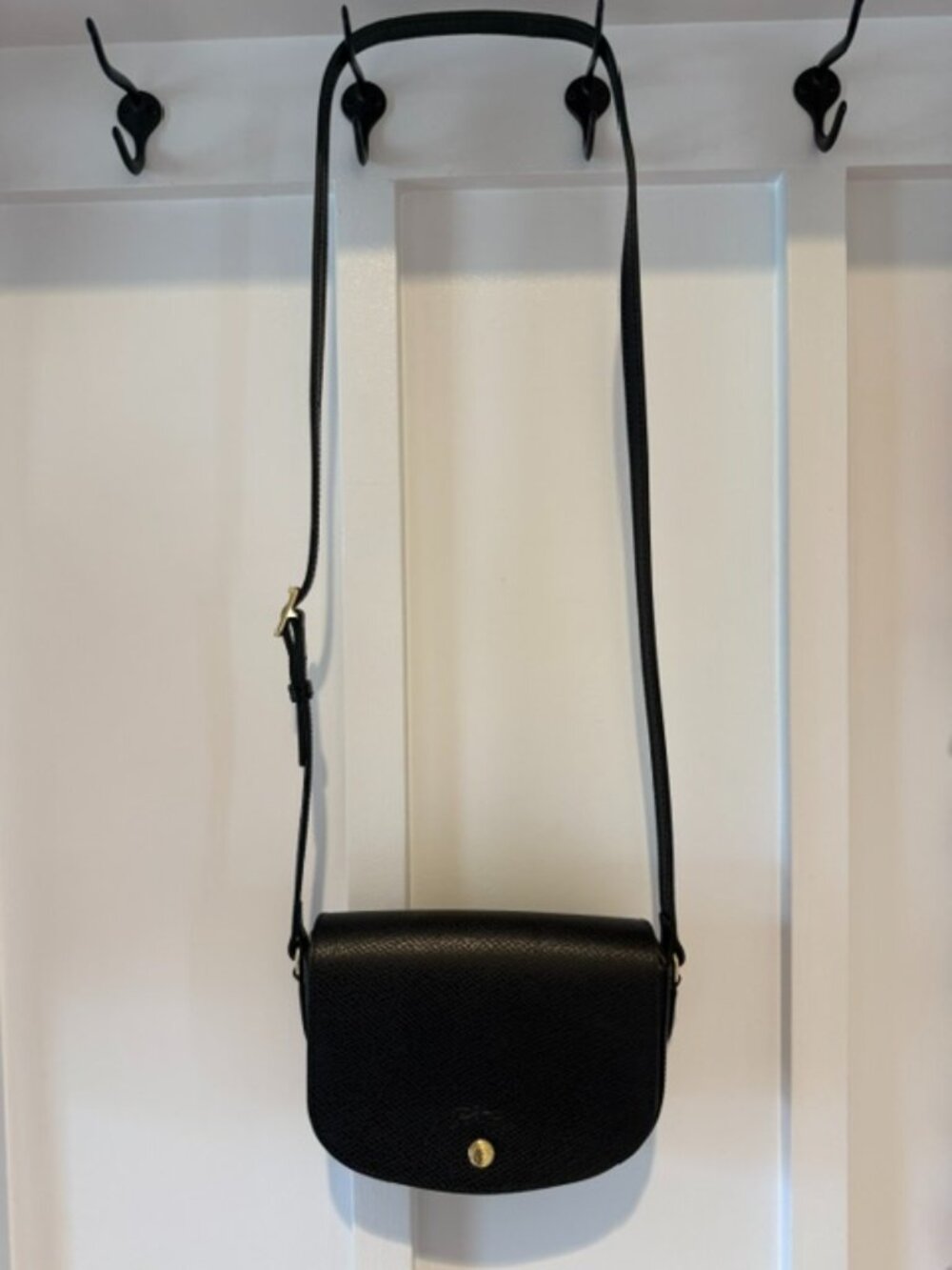 Longchamp 1980 Small Black Leather Crossbody Gold Medallion
